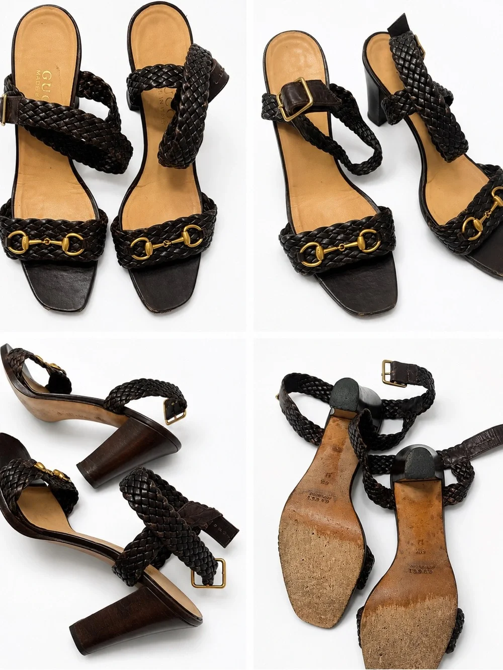 Gucci Dark Brown Braided Leather Mid Heel Sandals with Gold Hardware